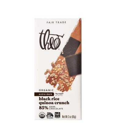 Theo Chocolate Black Rice Quinoa Crunch Organic Dark Chocolate Bar, 85% Cacao, 6 Pack | Vegan, Fair Trade 3 Ounce (Pack of 6)