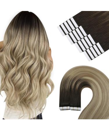 Youngsee real hair extensions tape balayage 45cm tape extensions real hair brown balayage blond tape in extensions remy hair extensions tape in dark brown ombre blond tape in hair 50g #4/145 45 cm 1- #4/14/60