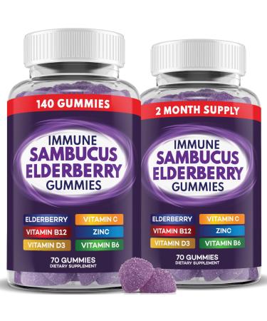 Elderberry Gummies Immune Support Daily Support for Kids and Adults* with Sambucus Elderberry Zinc Vitamin C D3 B6 B12 Plus - Dietary Supplement - 140 Count 140 Gummies (Pack of 2)