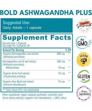 Bold Botanica Ashwagandha Plus Stress Mood Memory & Energy Support Potent Extracts of Root and Leaf with Amla & Holy Basil Triple Adaptogenic Formula One Capsule Daily 30 Vegan Caps - Buy Online on GoSupps.com