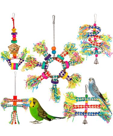 Bird Shredding Toys, 5PCS Colorful Bamboo Hanging Toys Parrot Chew Wooden Blocks, Bird Foraging Toys for Small Medium Parrots Parakeets, Conures, Cockatiel, Lovebird