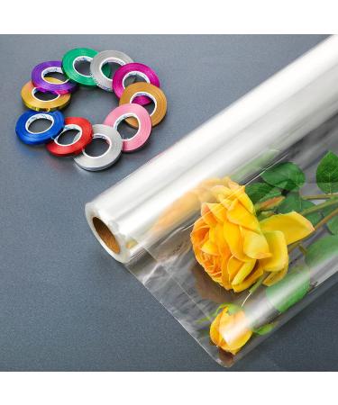 Zonon 31.5 Inch x 100 Ft Clear Cellophane Wrap Roll with 10 Rolls Colorful Curling Ribbon - Ideal for Flowers, Baskets, and Handicrafts - Buy Online on GoSupps.com