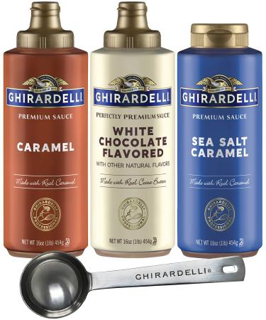 Ghirardelli Sea Salt Caramel, White Chocolate and Caramel Flavored Sauce 16 oz Bottles (Pack of 3) with Ghirardelli Stamped Barista Spoon - Buy Online on GoSupps.com