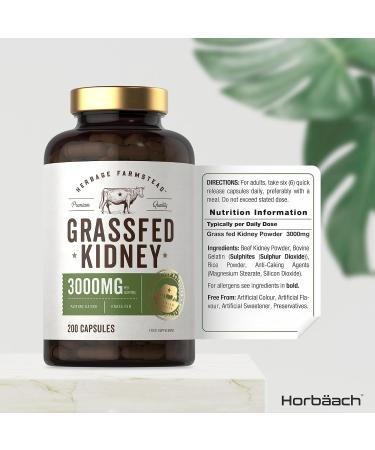 Organic Grass Fed Beef Kidney Supplement | 3000mg | 200 Capsules | Dried & Desiccated | No Preservatives | Herbage Farmstead - Buy Online on GoSupps.com