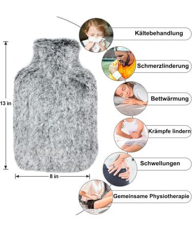 Owozoi Hot Water Bottle with Fluffy Fur Cover & Kangaroo Pocket - 2L Rubber Bed Bottle for Adults | Perfect Gift for Women in Silver Gray - Buy Online on GoSupps.com