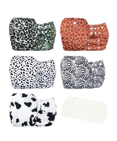 wegreeco Washable Reusable Baby Cloth Pocket Diapers 5 Pack + 5 Bamboo Inserts (Animal Party)