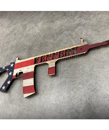 Personalized Wood Laser Cut Floating Firearm Gun Sign | Customized Gun Dcor with any Name in the AR-15 or M16 | Unique Gift for the USA Patriot | Personal Prints (USA Flag)