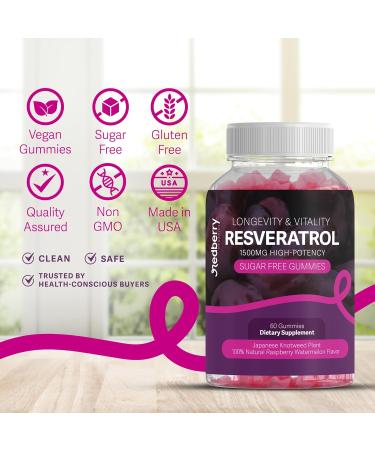Redberry Organics Resveratrol Supplement 1500mg Gummies | 98% Pure Japanese Knotweed | Resveratrol Organic Ingredients Sugar-Free Gluten Free | Daily Longevity & Healthy Aging Supplement - Buy Online on GoSupps.com