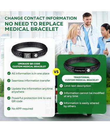 Upgraded Medical Bracelets for Men - QR Code Medical Alert ID Vintage Woven Leather Stainless Steel Buckle Emergency Info - 7.87 Black Wristband - Buy Online on GoSupps.com