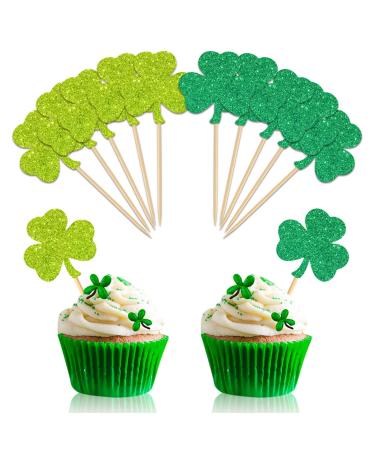 Whaline 120Pcs St Patrick's Day Cupcake Topper Glitter Green Shamrock Cupcake Picks Lucky Clover Food Picks for Irish Holiday Party Supplies Cake Decorations 120 Shamrock