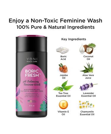 Boric Fresh pH Balancing Feminine Wash with Boric Acid, Tea Tree Oil, Coconut Oil - Organic Intimate Cleanser for Odor Elimination & BV Prevention - Buy Online on GoSupps.com