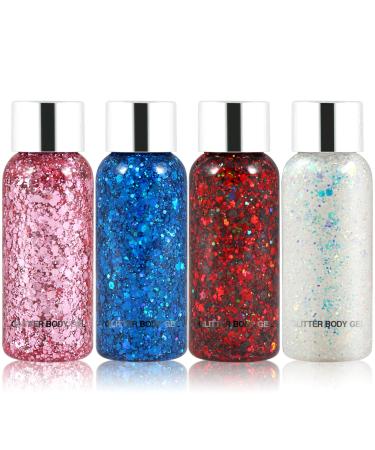 Body Glitter Gel Set 4 Colors Sequins Chunky Glitter Gel Colorful Eyeshadow Glitter Holographic Body Gel for Festival Party Face Makeup Hair Nails Eye Cosmetic Lips Shimmer Pink  Blue  White Set B