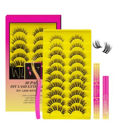 Lash Clusters Kit DIY Lashes Kit with 10 Pairs D Curl Cluster Lashes Wispy Eyelash Bond and Seal Lashes Remover and Eyelash Applicator for Eyelash Extension at Home 10 Pairs-10-14mm