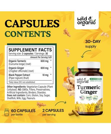Wild & Organic Turmeric and Ginger Supplement Capsules - Mobility & Immune Support - Ginger and Turmeric Supplements with Black Pepper - 30 Days of Supply - Vegan No Fillers Non-GMO - 60 Count 60 Count (Pack of 1) - Buy Online on GoSupps.com