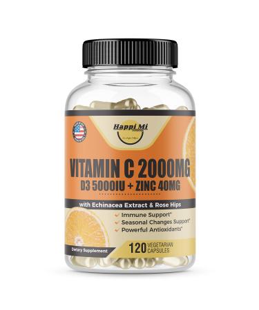 Happi Mi Nutrition Vitamin C 2000MG Zinc 40 mg Vitamin D3 5000 IU Echinacea Extract Rose Hip Immune Support for Adults & Kids Immune Booster 120 Vegan Caps 60 Day Supply Non GMO No Filler