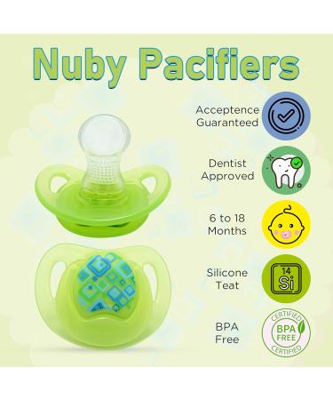 Nuby Prism Orthodontic Pacifier - Silicone Bow Design Oval Shape | Ideal for Babies 6-18 Months | Green - Buy Online on GoSupps.com