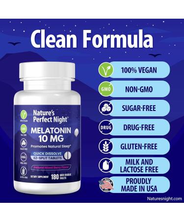 Nature's Perfect Night | Melatonin 10mg | 180 Quick Dissolve Tablets | Natural Mixed Berry Flavor |High Potency | Sugar Free | Vegan | Gluten Free | Value Size - Buy Online on GoSupps.com
