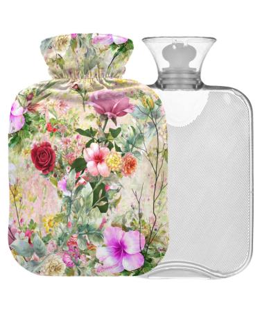 NAANLE hot water bottle with lid watercolor painting flowers transparent hot water bottle 1 l heat bottle for pain relief back feet heat and cold therapy