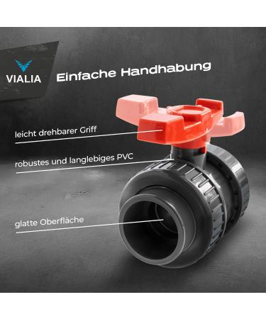 VIALIA PVC Kugelhahn 63mm - Double Union Shut-Off Tap for PVC Pipes | Ideal for Pool Pond Construction & Aquaristics | International Shipping Available - Buy Online on GoSupps.com