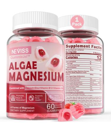 Sugar Free Calcium Magnesium Gummies 860mg Plus Algae Calcium Zinc B12 D3 | Magnesium Complex - Algae Mg Glycinate Mg Citrate Mg Malate Mg - Support Bone & Nerve Health Muscle Function & Mood