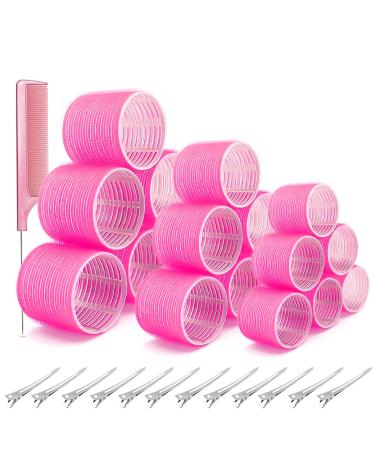 WOODFIB 31 PCS Hair Rollers Set 18 Pcs Self Grip Hair Rollers Include 64mm 44mm 36mm 12 Clips 1 Combs for Long Medium Short Hair DIY Hair Styling Salon Hairdressing Rollers Tools (Pink)