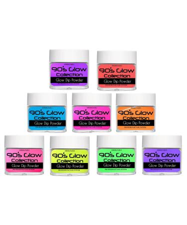 SHEBA NAILS 90s GLOW Collection Nail Powder Variety Kit - 9 colors - 1/4oz each - Acrylic Powder for Nails Extension DIY Nail Manicure - Use For Both Dip And Acrylic Application - Neon - Glow