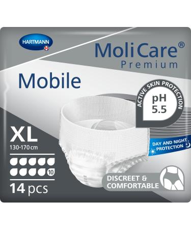 Molicare Premium Mobile disposable pants: discrete use in incontinence for women and men 10 drops sizeXL (130-170 cm hip size) 14 pieces