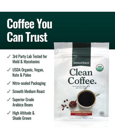 Natural Force Organic Clean Coffee Classic | Mold & Mycotoxin Free | Lab Tested | Low Acidity | Incredible Taste | Whole Bean Medium Roast 12 oz - Buy Online on GoSupps.com