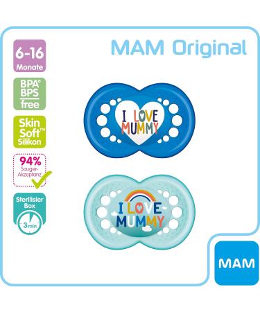 MAM Original Silicone Pacifier Set - Tooth-Friendly Baby Soothers (6-16 Months) - Skinsoft Silicone with Case - I Love Mummy Turquoise - Buy Online on GoSupps.com