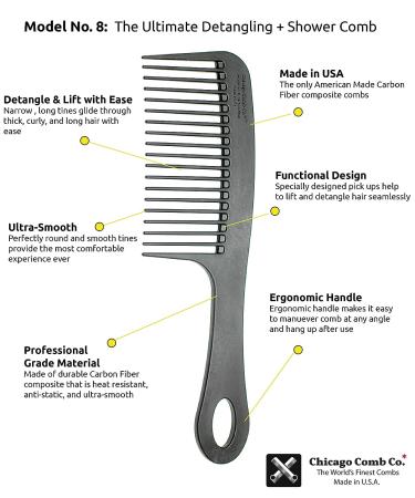 Chicago Comb Model 8 Carbon Fiber - Made in USA - Anti-Static Detangling & Shower Comb - 8.5 Long - Adds Lift & Volume - Buy Online on GoSupps.com