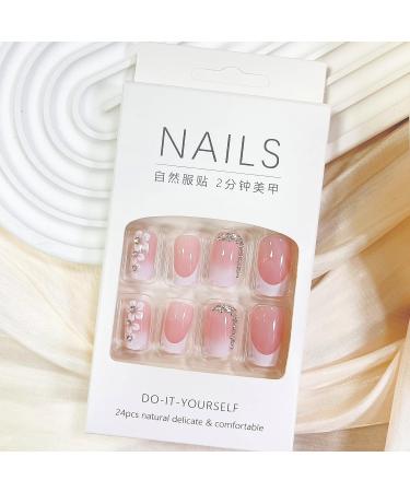 Medium Square Press on Nails - French Tip Pink Full Cover False Nails with Flower & Rhinestones - 24Pcs Spring Glue on Nails for Women & Girls - Buy Online on GoSupps.com