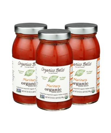 Organico Bello - Marinara Sauce - 25 oz (Pack of 3) - Certified USDA Organic Non GMO Gluten Free No Added Sugar Keto + Paleo Friendly Organic Italian Tomatoes Marinara 25 Ounce (Pack of 3)