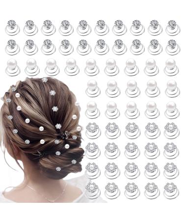 60 PCS 3 Shapes Gems Rhinestone Twister Hair Studs Set Diamond Spiral Pearl Flower Jewels Hair Pins Sticks for Wedding  Bridal  Prom  Party and Special Occasion (Diamond&Pearl&Flower)