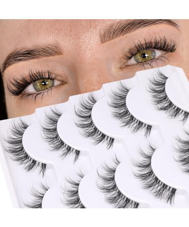 Natural Lashes Wispy False Lashes Manga Eyelashes Short Faux Mink False Lashes with Clear Band False Eyelashes C Curl Lash Strips 3D Fake Lashes 5 Pairs by Newcally Lashes-D