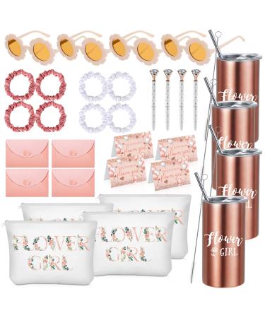 Flower Girl Proposal Gifts Flower Girl Tumblers with Straws Be My Flower Girl Card with Envelope Canvas Makeup Bag Sunglasses Hair Scrunchies Diamond Pen for Wedding Bridal Shower (32 Pcs)