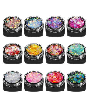 Dacitiery 12 Colours Face Glitter Gel Festival Cosmetic Glitter Sequins Body Glitter Sparkling Decoration Chunky Glitter Beauty Set for Hair Cheeks and Nails