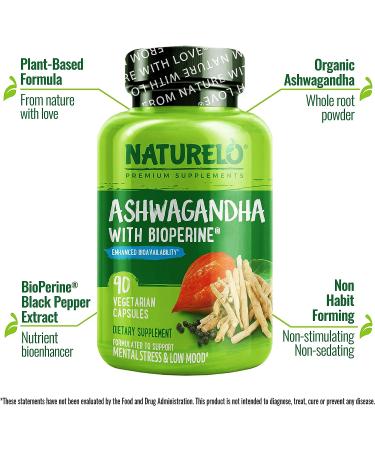 NATURELO Ashwagandha Organic Root Powder - 90 Vegan Capsules - Stress Relief & Mood Enhancer Supplement with Black Pepper Extract - Buy Online on GoSupps.com