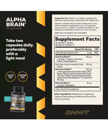 Onnit Alpha Brain Nootropic Supplement - 30 Count Capsules for Men & Women - Caffeine-Free Focus and Memory Support - Brain Booster with Cat's Claw, Bacopa, Oat Straw - Buy Online on GoSupps.com