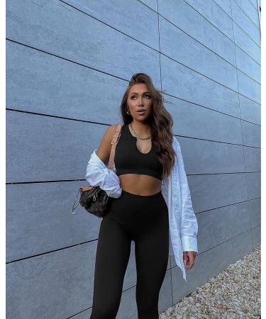 QINSEN Ribbed Seamless Crop Tank & High Waist Yoga Leggings Set - Large Black - Buy Online on GoSupps.com