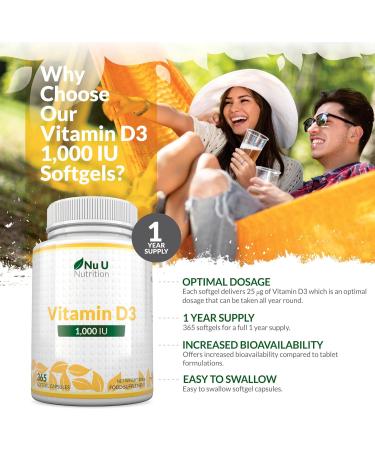 Vitamin D3 1000IU Softgels - 1 Year Supply - High Absorption Cholecalciferol Capsules by Nu U Nutrition - Buy Online on GoSupps.com