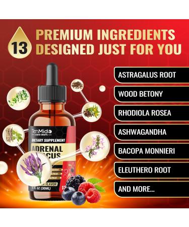 Tenmido 13in1 Adrenal & Focus Support Supplements Liquid Drops with Astragalus Wood Betony Rhodiola Ashwagandha Bacopa Eleuthero Gotu Kola Holy Basil and More - 30 Days Supply - 1FL Oz - Buy Online on GoSupps.com