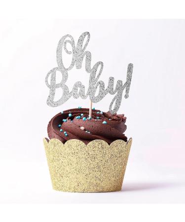 PACK of 18pcs Baby Shower Cupcake Toppers Kids Birthday Party Supplies Baby Shower Cupcake Picks Oh baby Silver Toppers Gender Reveal Decoration Glitter Cake Decoration - Buy Online on GoSupps.com