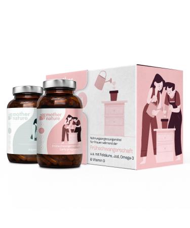 Mother Nature pregnancy vitamins - 56 capsules for early pregnancy/with folic acid iodine omega -3 & vitamin D/100% plastic -free in glass/without additives & vegan