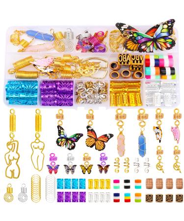 102 PCS Hair Jewelry Dreadlocks Loc Accessories Crystal Wire Wrapped Adornment Butterfly Hair Cuffs Rings Silhouette Pendant DIY Braid Clips Colorful Beard Tube Wood and Aluminum Braid Beads Golden