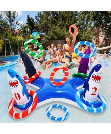 Inflatable Pool Ring Toss Games with 6 Rings, Flamingo Shark Pool Ring Toss Game Summer Pool Toys Party Games for Kids and Adults Blue-Shark