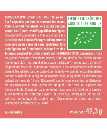 Organic Evening Primrose Oil - 1500 mg including 135 mg of GLA - Cold Pressure 100% Natural - Premenstrual Comfort and Skin Beauty - Premium Quality - 60 Capsules - Nutrimea - Made in France - Buy Online on GoSupps.com