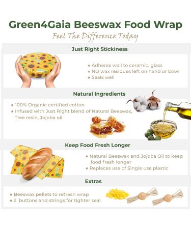 Green4Gaia Reusable Beeswax Food Wrap - Assorted 6 Pack | Organic Cotton Beeswax Wraps with Flower Print | Eco-Friendly Plastic Wrap Alternative - Buy Online on GoSupps.com