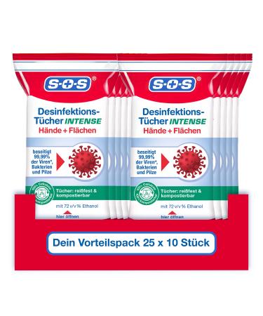 SOS disinfection towels intense for hands + areas |Biologically degradable |Eliminate 99.99% of the bacteria fungi and viruses* (e.g. herpes flu and noroviruses) |25 x10 towels 25 x 10 intense towels