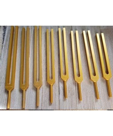 8 Gold Chakra Unweighted Tuning Fork Therapy Energy Healing with Mallet Velvet Pouch
