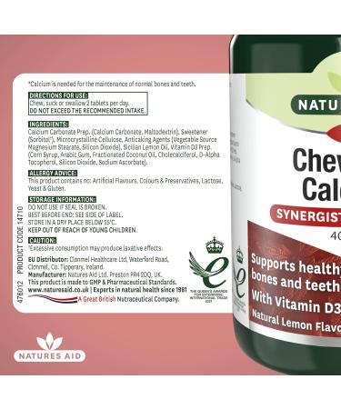 Natures Aid Chewable Calcium 400mg with Vitamin D - 60 Tabs for Strong Bones & Teeth - Buy Online on GoSupps.com